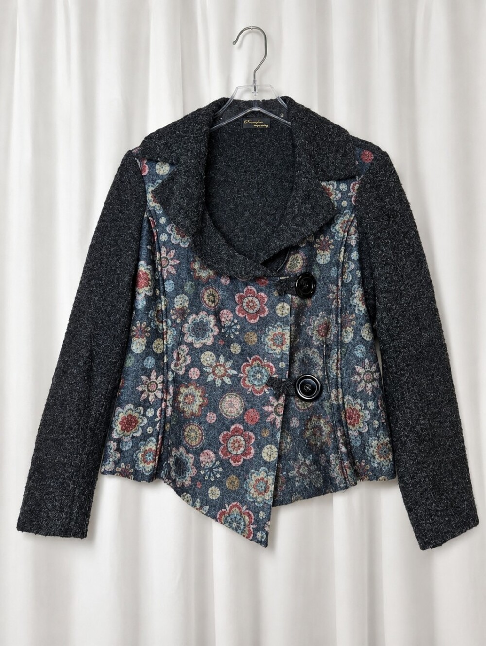 Tres Jolie Wool Blend Gray Asymmetrical Mixed Media Floral Button Front Jacket